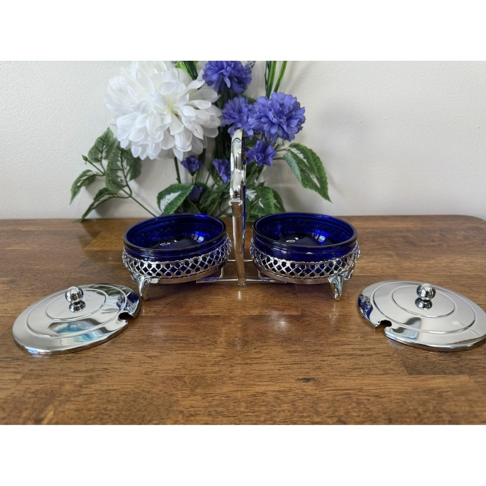 Vintage Cobalt Blue‎ Glass Double Dish Set in Silver Plated Carrier with Lids